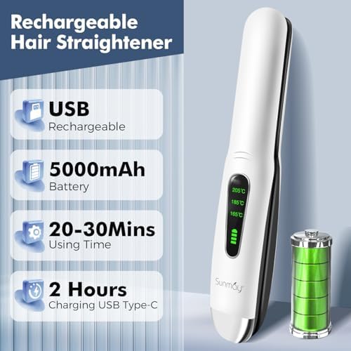 SUNMAY Cordless Hair Straightener, Portable Mini Flat Iron Hair Straightener for Travel, 20s Fast Heating, 5000mAh USB-C Rechargeable, Dual Voltage Hair Straighteners and Curlers 2 in 1 for Women