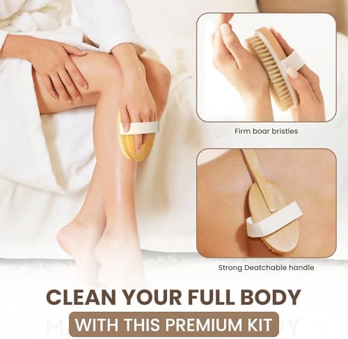 Wooden Bath Brush Set - Detachable Dry Body Brush, Natural Face Exfoliator, Facial Scrubbing Brush, Anticellulite Massager, Massaging Cellulite Remover, Cleaning Nail Brushing