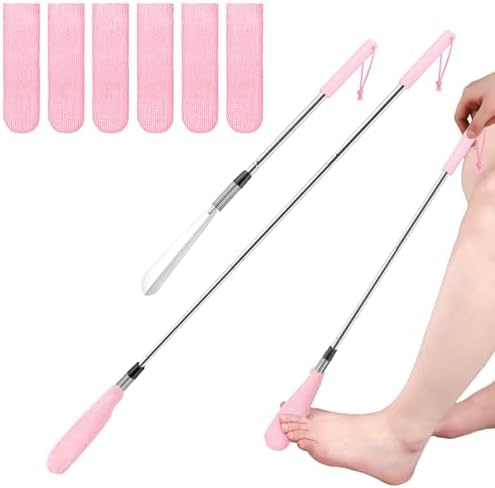 Toe Cleaning Brush Lotion Applicator for Feet with 6 Reusable Drying Covers Foot Cleaner with Telescopic Stainless Steel 16-30 Inch Handle Toe Scrubber for Elderly Disabled Men Women (Pink)