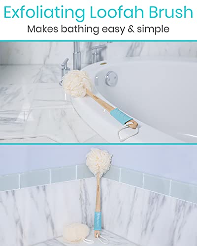 Vive 17” Shower Loofah with Long Handle - Exfoliating Back & Body Scrubber for Men & Women - Luffa Sponge on a Stick for Bathing, Cleaning - Includes Extra Handheld Lufa, Hook & String to Hang on Wall