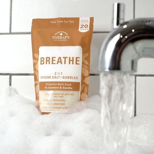 Village Naturals Breathe Foaming Body Soak, Epsom Salt, Essential Oils, Soothing Bubbles, Sea Salt 36 oz, Pack of 2