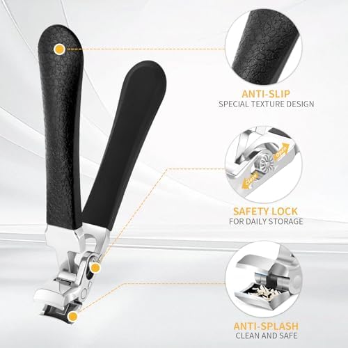 Toenail Clippers for Seniors Thick Nails, Ergonomic Wide Jaw Large Toenail Clippers for Men Women, Ultra-Sharp and Durable Angled Head Nail Clippers with Catcher, Black Long Handle