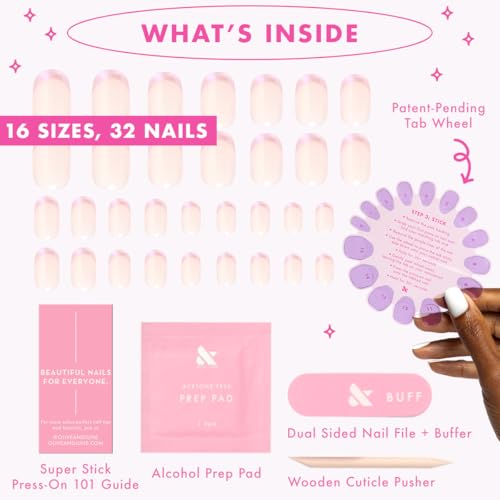 Olive & June Super Stick Mani Press-On Nails | Short, Round | No Glue Needed | 32 Tab Nails in 16 Sizes | Non-Toxic Tabs | Easy On-Off, Non-Damaging | Realest Look | 7-Day Wear | Glazed French