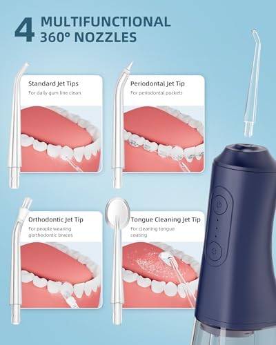 Water Flosser, Water Dental Flosser Pick for Teeth, 300ML IPX7 Waterproof Oral Irrigator, 3 Modes 4 Replaceable Jet Tips, Professional Flossing Cleaning Picks for Home Travel Gums (Mid Night Bule)