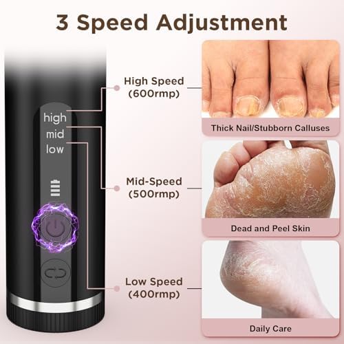 Electric Foot Callus Remover with 2600mAh Battery, Brushless Callus Remover for Feet with Nano-Glass Head & 60 Pcs Sandpaper Discs, Electric Foot File with 3 Adjustable Speeds, Gifts for Women