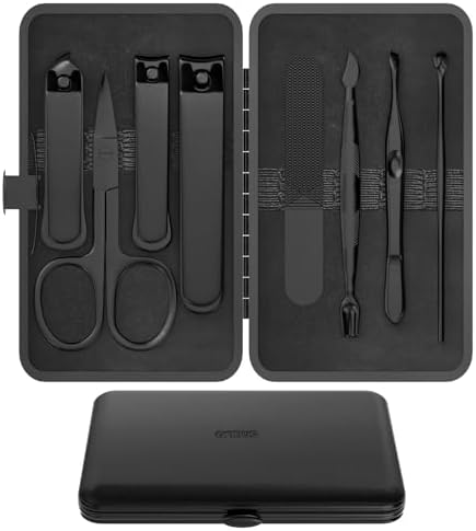 Precision 8 Pieces Men’s Nail Grooming Travel Kit, Stainless Steel Manicure Set with Fingernail & Toenail Clippers, Nail File, Slant Tip Tweezers, Cuticle Scissors, Cuticle Pusher, Travel Case