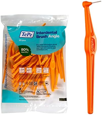 TePe Interdental Brush Angle, Angled Dental Brush for Teeth Cleaning, Pack of 25, 0.45 mm, Extra-Small/Small Gaps, Orange, Size 1