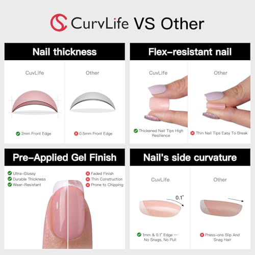 Curvlife Soft Gel Press on Nails, Gel Nail Tips, French Short Style Full Cover Design Reusable Fake Nails Kit with Glue and Adhesive Tabs