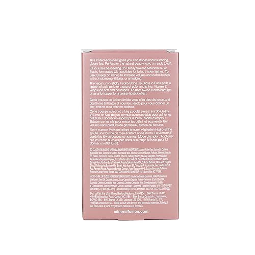 Mineral Fusion Lip Gloss + Mascara Makeup Kit, Natural Beauty Eye & Lip Duo, So Classy Voluminous Mascara in Jet Black & Shiny, Nourishing Pale Pink Lip Gloss, 2 Piece Make Up Gift Set for Women