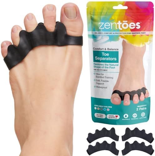 ZenToes Silicone Toe Spacers and Separators for Correct Toe Alignment, Bunion Relief, Hammertoe Straightener, Gel Orthopedic Corrector - 2 Pairs (Black)