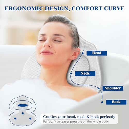 Bath Pillows for Tub, Afitton Luxury Bath Pillow Bathtub Pillow Headrest Neck and Back Support - with 4D Air Mesh Fabric & 6 Powerful Suction Cups, Ergonomic Bath Accessories Spa Gifts for Women Men