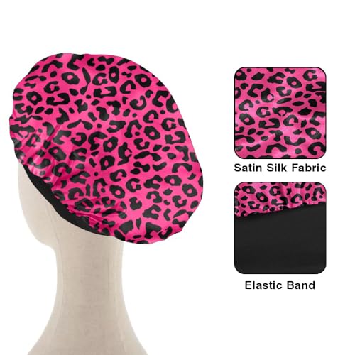 WIRESTER Set of 2 Satin Hair Bonnet for Sleeping, Fashion Sleep Cap, Silk Bonnet with Elastic Soft Band for Women Girls - Black Pink Leopard, Gold Sparkle Black Yellow Glitter Leopard