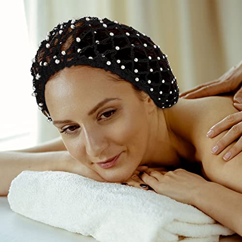 MTLEE 2 Pcs Black and Gray Mesh Crochet Pearl Hair Snood Rayon Knit Crocheted Sleeping Cap Net for Women Long Curly Hair
