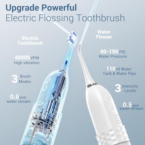 Marchpower Innovative 2-in-1 Electric Toothbrush with Water Flosser – Ultrasonic Cleaning, Compact Travel Design, 3+3 Modes, IPX7 Waterproof, USB-C Rechargeable, with 3 Dupont Brush Heads & 1 Jet Tip