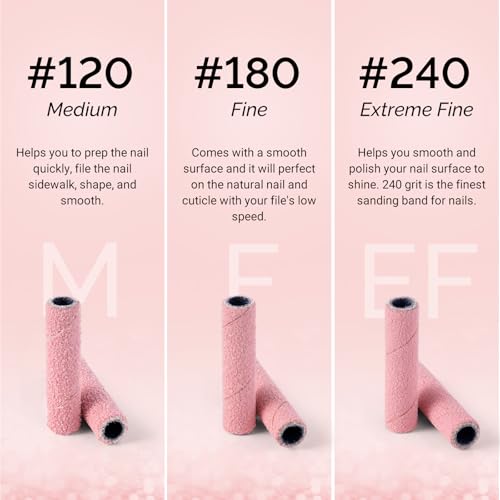 MelodySusie 50 Pcs Nail Drill Bits Super Long Small Sanding Bands with 3.1mm Crystal Mandrel Bit, 180 Fine Grit Nail File for Acrylic Nails Gel Manicures and Pedicure, Pink