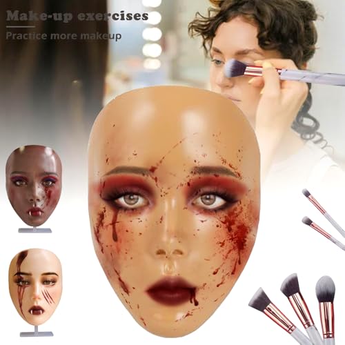 Makeup Mannequin Face Kit, Silicone Face for Makeup Practice Full Face for Must Haves, Mannequin Eye Face for Makeup Practice with Makeup Brushes Set & Eye Shadow & Eyebrow Pencil(Wheat)