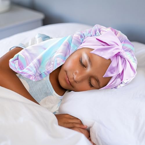 Lolalet Kids Bonnets for Girls, Long Silk Bonnet for Sleeping Kids Satin Bonnet Cap with Tie Band for Dreadlocks Braid Afro Curly Hair -1 PCS, Laser