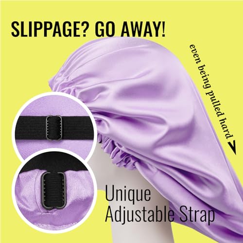PARISBELLA Reversible Silk Satin Bonnet For Sleeping, Adjustable Sleep Cap for Curly Hair, Chic Hair Wrap With Scrunchy, Lavender, Large, Pack of 1