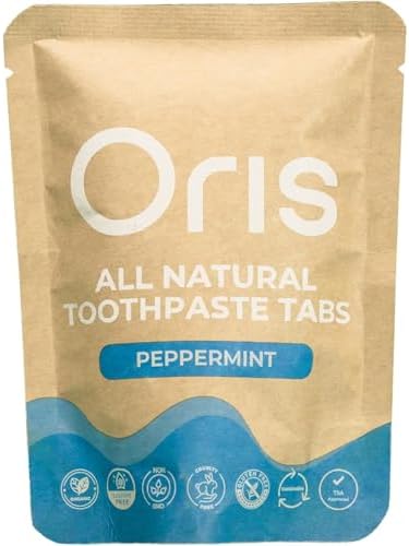 Oris Natural Toothpaste Tabs - Bite Toothpaste Tablets for Sensitive Teeth, TSA-Approved Plastic-Free & Kid-Friendly Zero Waste Travel Tabs - 62ct (Peppermint)