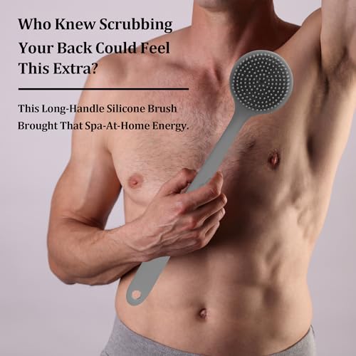 Men Shower Brush for Cleaning Body Soft Silicone Long Handle Exfoliator Back Scrubber, Grey