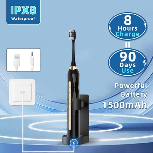 Electric Toothbrush Set, Equipped with 12 Brush Heads and 1 face Brush Head, IPX8 Waterproof, 42000 high-Frequency Vibration, Ultra Whitening Toothbrush for Adults,Black