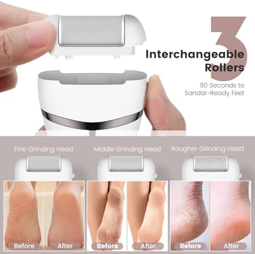Electric Callus Remover for Feet with LED Display, 3 Roller Heads, 17-in-1 Rechargeable Pedicure Kit for Women & Men, Professional Foot File Tools for Hard, Cracked, Dry, Dead Skin (White)