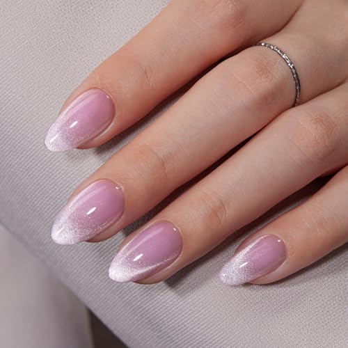 VSALON Press On Nails Short Almond, 32 Pcs 16 Sizes Purple Cat Eye Press On Nails French Tip Acrylic Fake Nails With UV Glue Reusable Stick On Nails Semi-transparent False Nails Summer Gifts For Women