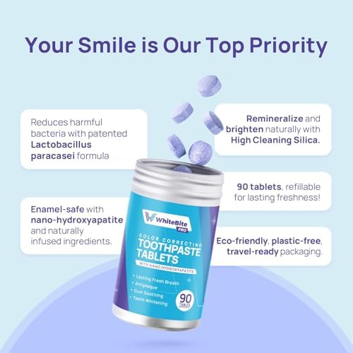 Whitebite Pro Color Correcting Toothpaste Tablets with Nano Hydroxyapatite | Fresh Breath & Natural Whitening | Travel-Friendly Toothpaste & Mouthwash | Fluoride and Plastic-Free (Peppermint)