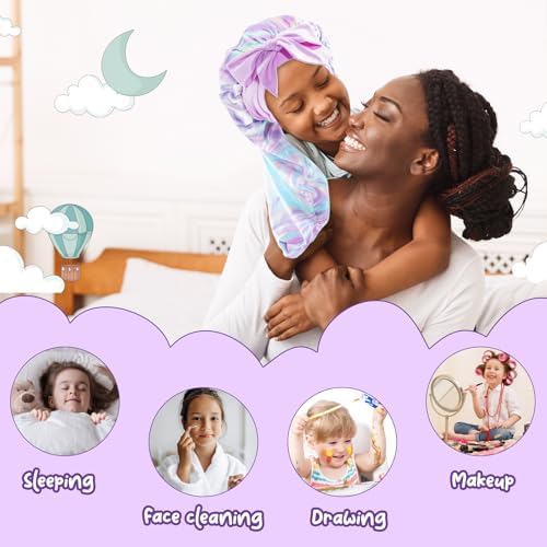 Lolalet Kids Bonnets for Girls, Long Silk Bonnet for Sleeping Kids Satin Bonnet Cap with Tie Band for Dreadlocks Braid Afro Curly Hair -1 PCS, Laser