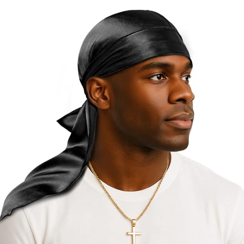 YFONG 100% 22 Momme Mulberry Silk Durags for Men Women, Extra Long Strap Silky Durag, Breathable and Soft Do Rag for 360 Waves, Perfect for Nourishing Your Hair and Fashionable Outfits, 1Pc, Black