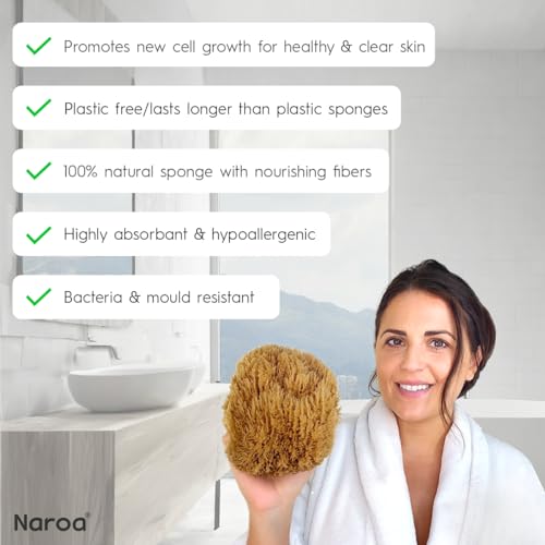 Naroa Exfoliating Natural Sponge for Shower | Bath Sea Loofah for Healthy Skin | Unbleached Bathing Body Scrubber Puff | Plastic Free (Medium)