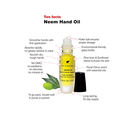 SUNDARI Neem Hand & Cuticle Oil – 0.34 Fl Oz, Roller for Dry Hands, Nails & Cuticles, Hydrating, Non-Greasy, Mess-Free, Pure Plant Extracts