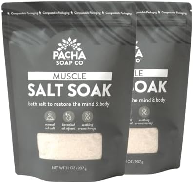 Pacha Soap Co. Muscle Salt Soak, 2-Pack, (64 oz Total) - Scents of Arnica & Calendula, Soothing Bath Soaking Aid
