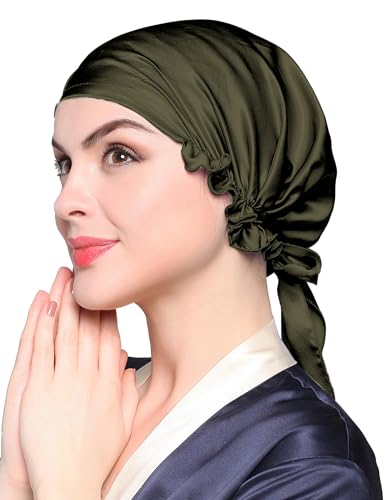 LilySilk Silk Bonnet for Sleeping Womens Sleep Cap 100% 19MM Mulberry Silk for Long Curly Hair Adjustable Stretchy Olive Green