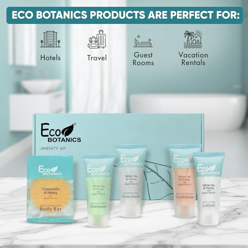 Eco Botanics Amenity Kit | Boxed Hotel Toiletries | Bulk Set .85 oz Travel Size Shampoo, Conditioner, Lotion, Body Wash & Body Bar Soap for Guest Hospitality AirBnB/Vacation Rentals | 15 sets per case