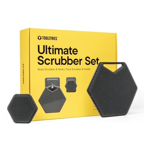 TOOLETRIES The Ultimate Scrubber Set - with 2X Scrubbers & Holders - Silicone Toiletry Organizer, Shower & Bathroom Accessory - Features Silicone-Grip Technology, Removable & Reusable - Charcoal