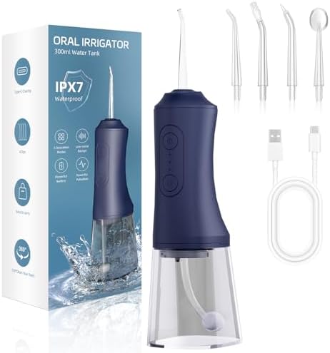 Water Flosser, Water Dental Flosser Pick for Teeth, 300ML IPX7 Waterproof Oral Irrigator, 3 Modes 4 Replaceable Jet Tips, Professional Flossing Cleaning Picks for Home Travel Gums (Mid Night Bule)