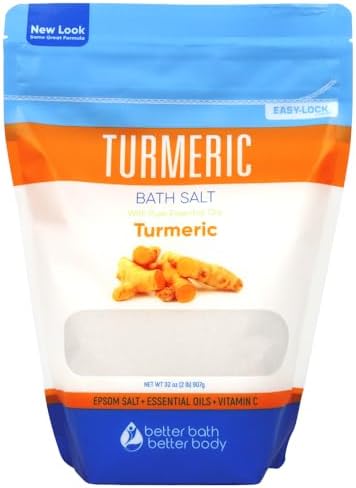 Turmeric Bath Salt 32 Oz Epsom Salt with Essential Oils Turmeric, Cinnamon, Orange Plus Vitamin C in BPA-Free Pouch with Easy Press-Lock Zipper | Natural Bath Soak to Relieve & Soothe | Made in USA