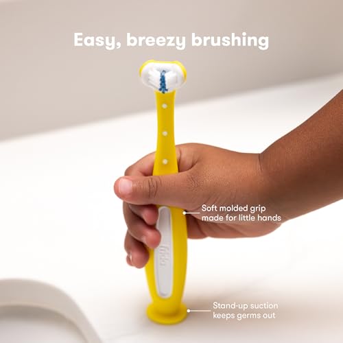 Frida Baby Triple-Angle Toothhugger Training Toddler Toothbrush | Toddler Toothbrush 2 Years and Up, Cleans All Sides at Once | 2 Pack (Yellow + Pink)