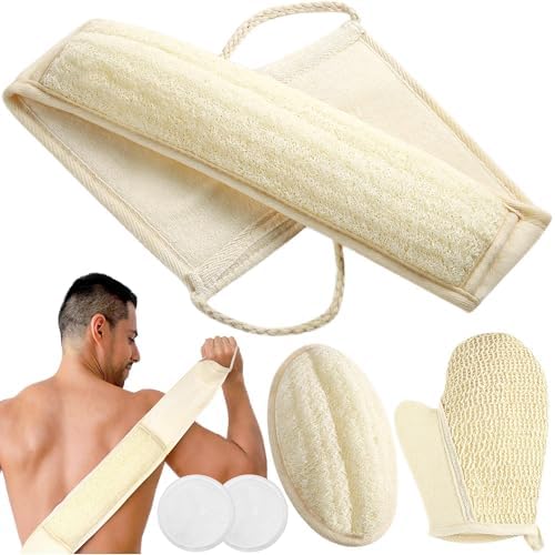 Exfoliating Natural Loofah Sponge Back Scrubber for Shower, Loofah Sponge Pads & Exfoliating Glove, Bath Shower Scrubber for Men and Women
