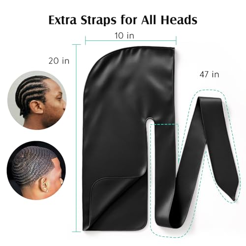 YFONG 100% 22 Momme Mulberry Silk Durags for Men Women, Extra Long Strap Silky Durag, Breathable and Soft Do Rag for 360 Waves, Perfect for Nourishing Your Hair and Fashionable Outfits, 1Pc, Black