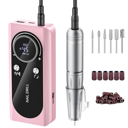 Electric Nail Drill Machine 45,000RPM - Professional Electric and Rechargeable Nail Drill with LCD Display, 6 Bits and 30 Sanding Bands, Low Heat Quiet E-File for Acrylic Gel Nails (Pink-01)