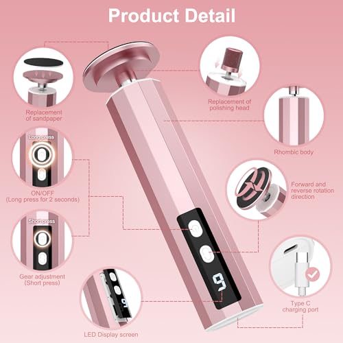 Electric Foot Callus Remover, 2 in 1 Rechargeable Foot File for Feet & Nails, 9 Speed Controller Callus Remover with Replaceable Sandpaper, Cordless Pedicure Tools for Dead Skin and Calluses (Pink)