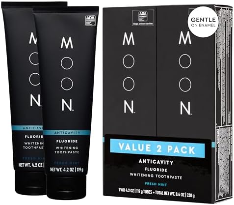 MOON Teeth Whitening Toothpaste with Fluoride & Essential Oils - Anticavity Toothpaste for Gentle Stain Removal, Plaque Buildup, Cavity Protection & Gum Health - Invigorating Mint Flavor (2 Pack)