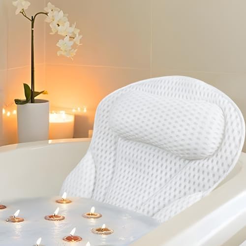 Luxury Bath Pillow for Bathtub – Soft 4D Mesh Fabric Neck and Back Support Headrest with Non-Slip Suction Cups – Relaxing Spa Accessories