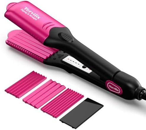 Terviiix Crimper Hair Iron with 4 Interchangeable Plates, Keratin & Argan Oil Infused Hair Crimper for Women, Volumizing Crimping Iron for Thin Fine Hair, 5 Heat Settings & 60 Mins Auto Off, Pink