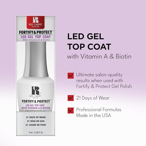 RC Red Carpet Manicure Fortify & Protect LED Gel Top Coat – High Shine Top with Vitamin A & Biotin, Long-Lasting, Strengthens Nails, No Chipping or Peeling (0.3 Fl Oz)