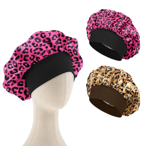 WIRESTER Set of 2 Satin Hair Bonnet for Sleeping, Fashion Sleep Cap, Silk Bonnet with Elastic Soft Band for Women Girls - Black Pink Leopard, Gold Sparkle Black Yellow Glitter Leopard