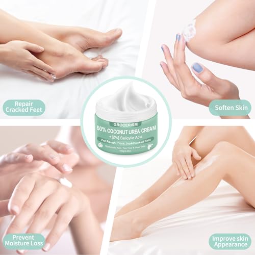Urea Cream 50 Percent for Feet Maximum Strength 5.29 oz with Coconut and 2% Salicylic Acid, Foot & Hand Cream included Hyaluronic Acid, Tea Tree and Aloe Vera for Deep Moisturizing, Callus Removing
