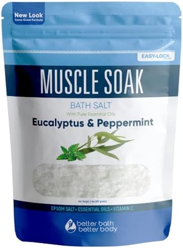 Muscle Soak Bath Salt 32 Ounces Epsom Salt with Natural Peppermint and Eucalyptus Essential Oils Plus Vitamin C in BPA Free Pouch with Easy Press-Lock Seal